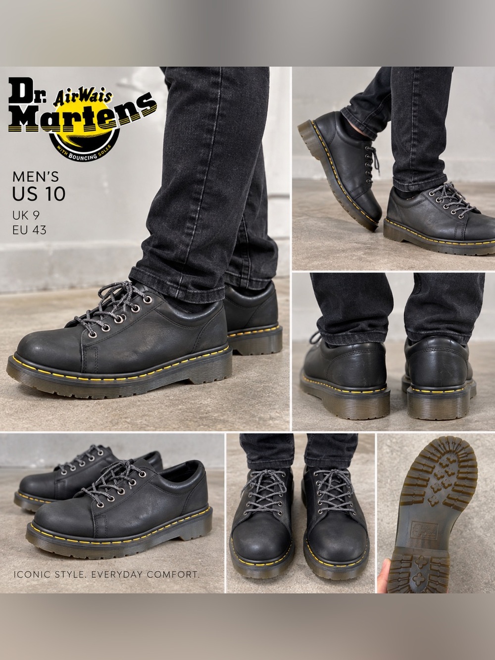 Dr. Martens Black Leather Low-Top Lace-Up Shoes with Yellow Stitching